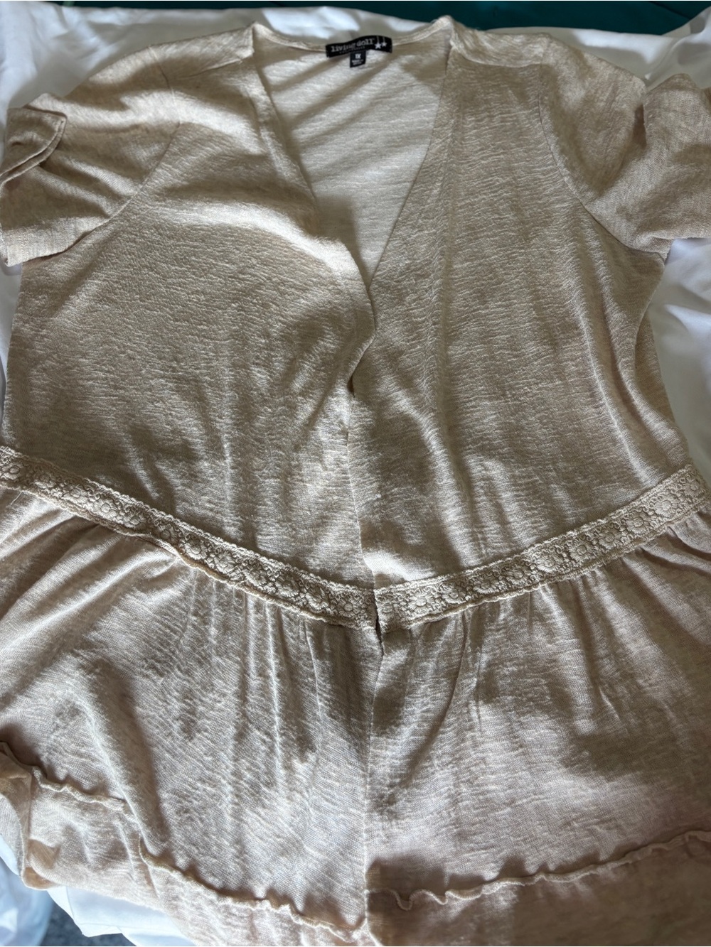 Living Doll Plus Beige Lace Trim Peplum Short Sleeve Top 1X Boho